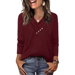 image:imageWIHOLL Long Sleeve Shirts for Women Fall Outfits V Neck T Shirts Button Down Tunic Tops Fashion Clothing3burgundy