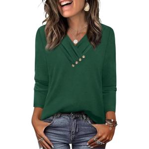 image:imageWIHOLL Long Sleeve Shirts for Women Fall Outfits V Neck T Shirts Button Down Tunic Tops Fashion Clothing3green