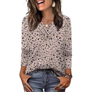 image:imageWIHOLL Long Sleeve Shirts for Women Fall Outfits V Neck T Shirts Button Down Tunic Tops Fashion ClothingDitsy Floral
