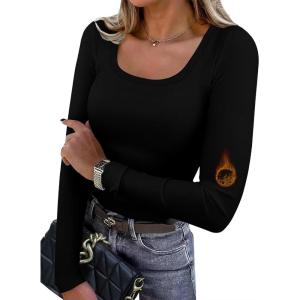 image:imageWIHOLL Long Sleeve Thermal Shirts for Women Light Fleece Tops Spring 2026 Square Neck Basic TeesAblack