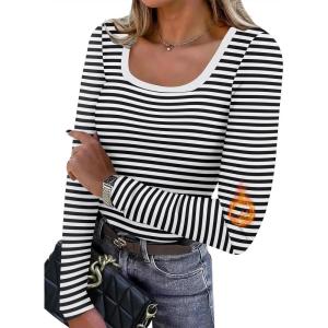 image:imageWIHOLL Long Sleeve Thermal Shirts for Women Light Fleece Tops Spring 2026 Square Neck Basic TeesBlack Striped