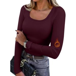 image:imageWIHOLL Long Sleeve Thermal Shirts for Women Light Fleece Tops Spring 2026 Square Neck Basic TeesWine
