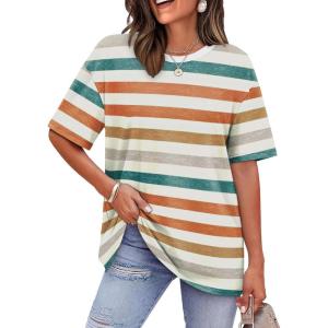 image:imageWIHOLL Oversized Tshirts for Women Summer Tops Short Sleeve T Shirts Beach Vacation Clothes Travel Outfits Fashion 2026Colorful Stripes