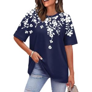 image:imageWIHOLL Oversized Tshirts for Women Summer Tops Short Sleeve T Shirts Beach Vacation Clothes Travel Outfits Fashion 2026Floral Navy