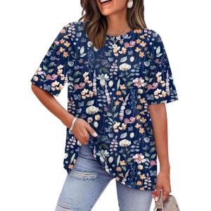 image:imageWIHOLL Oversized Tshirts for Women Summer Tops Short Sleeve T Shirts Beach Vacation Clothes Travel Outfits Fashion 2026Flowers and Leaves