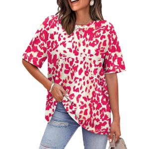 image:imageWIHOLL Oversized Tshirts for Women Summer Tops Short Sleeve T Shirts Beach Vacation Clothes Travel Outfits Fashion 2026Hot Pink Leopard