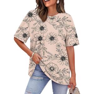 image:imageWIHOLL Oversized Tshirts for Women Summer Tops Short Sleeve T Shirts Beach Vacation Clothes Travel Outfits Fashion 2026Ink Painting Flowers