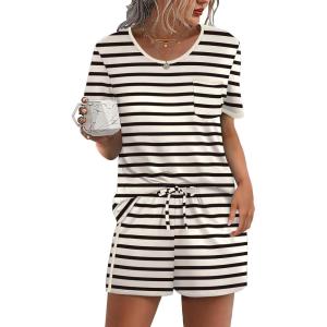 image:imageWIHOLL Pajamas for Women Set Two Piece Lounge Summer Outfits Short Sleeve Tops amp Shorts Soft Sleepwear Chest Pocket 2026Black  Apricot Stripes