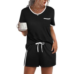 image:imageWIHOLL Pajamas for Women Set Two Piece Lounge Summer Outfits Short Sleeve Tops amp Shorts Soft Sleepwear Chest Pocket 2026Black