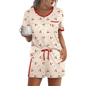 image:imageWIHOLL Pajamas for Women Set Two Piece Lounge Summer Outfits Short Sleeve Tops amp Shorts Soft Sleepwear Chest Pocket 2026Cherries