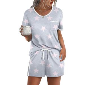 image:imageWIHOLL Pajamas for Women Set Two Piece Lounge Summer Outfits Short Sleeve Tops amp Shorts Soft Sleepwear Chest Pocket 2026Grey Pink Stars