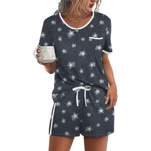 image:imageWIHOLL Pajamas for Women Set Two Piece Lounge Summer Outfits Short Sleeve Tops amp Shorts Soft Sleepwear Chest Pocket 2026Grey White Stars