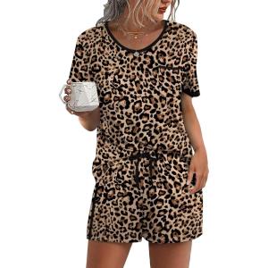 image:imageWIHOLL Pajamas for Women Set Two Piece Lounge Summer Outfits Short Sleeve Tops amp Shorts Soft Sleepwear Chest Pocket 2026Leopard Print Black  Brown