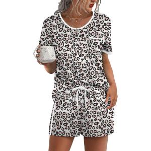 image:imageWIHOLL Pajamas for Women Set Two Piece Lounge Summer Outfits Short Sleeve Tops amp Shorts Soft Sleepwear Chest Pocket 2026Leopard Print Black  White