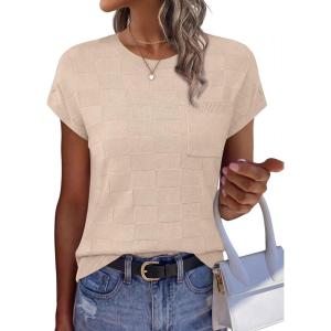 image:imageWIHOLL Short Sleeve Sweater for Women Crew Neck Trendy Summer Tops 2026 Travel Business Casual Spring Outfits with PocketApricot