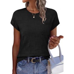 image:imageWIHOLL Short Sleeve Sweater for Women Crew Neck Trendy Summer Tops 2026 Travel Business Casual Spring Outfits with PocketBlack