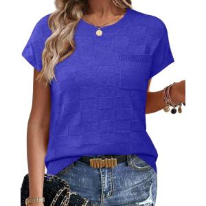 image:imageWIHOLL Short Sleeve Sweater for Women Crew Neck Trendy Summer Tops 2026 Travel Business Casual Spring Outfits with PocketBlue