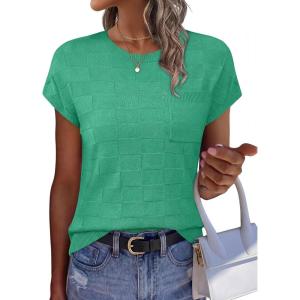 image:imageWIHOLL Short Sleeve Sweater for Women Crew Neck Trendy Summer Tops 2026 Travel Business Casual Spring Outfits with PocketGreen