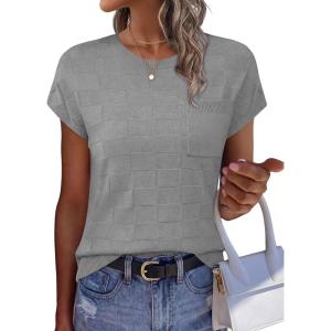 image:imageWIHOLL Short Sleeve Sweater for Women Crew Neck Trendy Summer Tops 2026 Travel Business Casual Spring Outfits with PocketGrey