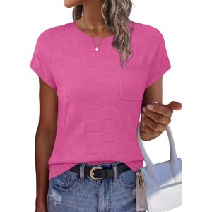image:imageWIHOLL Short Sleeve Sweater for Women Crew Neck Trendy Summer Tops 2026 Travel Business Casual Spring Outfits with PocketHot Pink