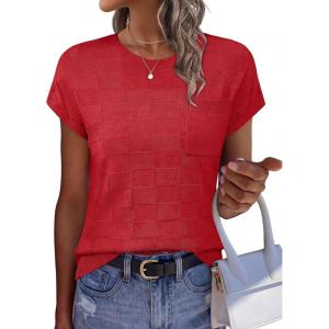 image:imageWIHOLL Short Sleeve Sweater for Women Crew Neck Trendy Summer Tops 2026 Travel Business Casual Spring Outfits with PocketRed