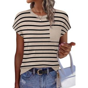 image:imageWIHOLL Short Sleeve Sweater for Women Crew Neck Trendy Summer Tops 2026 Travel Business Casual Spring Outfits with PocketStriped Apricot Black