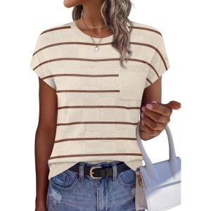 image:imageWIHOLL Short Sleeve Sweater for Women Crew Neck Trendy Summer Tops 2026 Travel Business Casual Spring Outfits with PocketStriped Apricot Coffee