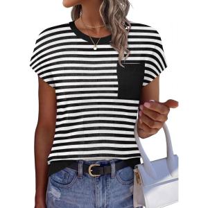 image:imageWIHOLL Short Sleeve Sweater for Women Crew Neck Trendy Summer Tops 2026 Travel Business Casual Spring Outfits with PocketStriped Black White
