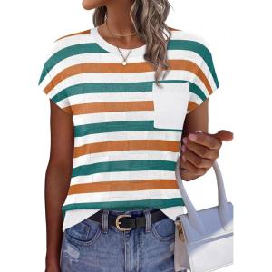 image:imageWIHOLL Short Sleeve Sweater for Women Crew Neck Trendy Summer Tops 2026 Travel Business Casual Spring Outfits with PocketStriped White Green