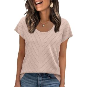 image:imageWIHOLL Short Sleeve Sweater for Women Scoop Neck Trendy Summer Tops 2026 Travel Business Casual OutfitsApricot