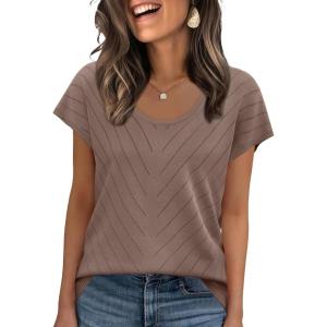image:imageWIHOLL Short Sleeve Sweater for Women Scoop Neck Trendy Summer Tops 2026 Travel Business Casual OutfitsCoffee