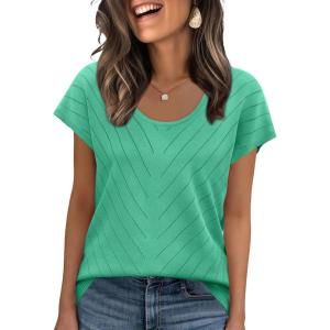 image:imageWIHOLL Short Sleeve Sweater for Women Scoop Neck Trendy Summer Tops 2026 Travel Business Casual OutfitsGreen