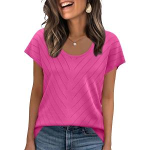 image:imageWIHOLL Short Sleeve Sweater for Women Scoop Neck Trendy Summer Tops 2026 Travel Business Casual OutfitsHot Pink