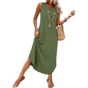 image:imageWIHOLL Summer Dresses for Women 2026 Hawaiian Beach Vacation Clothes Casual Sleeveless Maxi Long Sundresses with PocketsArmy Green