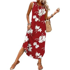 image:imageWIHOLL Summer Dresses for Women 2026 Hawaiian Beach Vacation Clothes Casual Sleeveless Maxi Long Sundresses with PocketsRed Floral