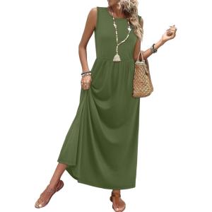 image:imageWIHOLL Summer Dresses for Women 2026 Maxi Dresses Long Flowy A Line Sleeveless Sundresses with PocketsArmy Green