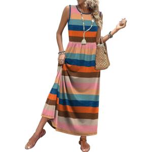 image:imageWIHOLL Summer Dresses for Women 2026 Maxi Dresses Long Flowy A Line Sleeveless Sundresses with PocketsColorful Stripes