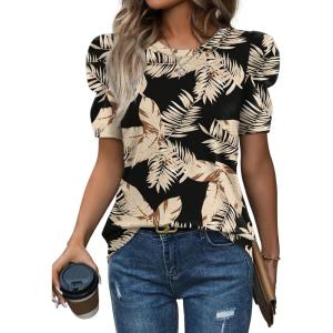 image:imageWIHOLL Summer Tops for Women Puff Sleeve Crewneck T Shirts Dressy Casual Blouses Spring Outfits Fashion ClothesBeige Leaf
