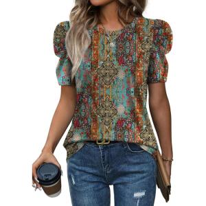 image:imageWIHOLL Summer Tops for Women Puff Sleeve Crewneck T Shirts Dressy Casual Blouses Spring Outfits Fashion ClothesBoho