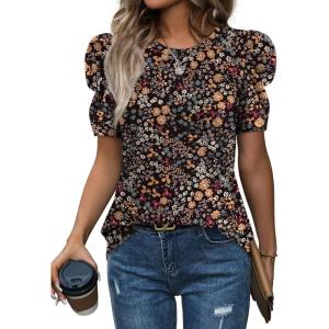 image:imageWIHOLL Summer Tops for Women Puff Sleeve Crewneck T Shirts Dressy Casual Blouses Spring Outfits Fashion ClothesColorful Flowers