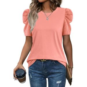 image:imageWIHOLL Summer Tops for Women Puff Sleeve Crewneck T Shirts Dressy Casual Blouses Spring Outfits Fashion ClothesCoral
