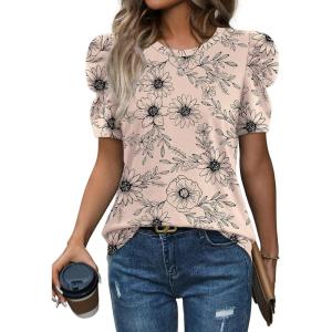 image:imageWIHOLL Summer Tops for Women Puff Sleeve Crewneck T Shirts Dressy Casual Blouses Spring Outfits Fashion ClothesFloral Beige