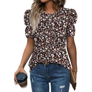 image:imageWIHOLL Summer Tops for Women Puff Sleeve Crewneck T Shirts Dressy Casual Blouses Spring Outfits Fashion ClothesFloral Black