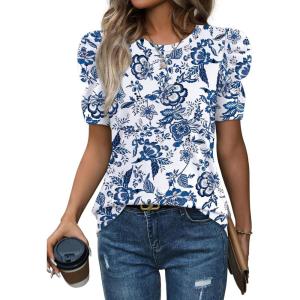 image:imageWIHOLL Summer Tops for Women Puff Sleeve Crewneck T Shirts Dressy Casual Blouses Spring Outfits Fashion ClothesFloral Blue
