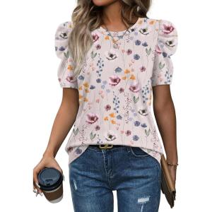 image:imageWIHOLL Summer Tops for Women Puff Sleeve Crewneck T Shirts Dressy Casual Blouses Spring Outfits Fashion ClothesFloral Colorful