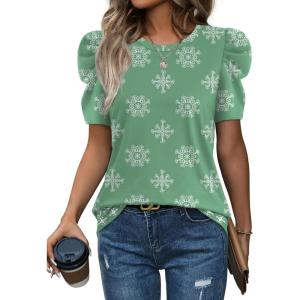 image:imageWIHOLL Summer Tops for Women Puff Sleeve Crewneck T Shirts Dressy Casual Blouses Spring Outfits Fashion ClothesFloral Green