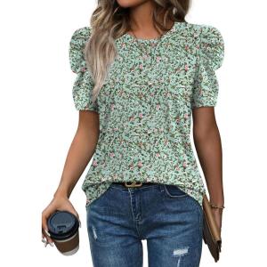 image:imageWIHOLL Summer Tops for Women Puff Sleeve Crewneck T Shirts Dressy Casual Blouses Spring Outfits Fashion ClothesFloral Green2