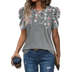 image:imageWIHOLL Summer Tops for Women Puff Sleeve Crewneck T Shirts Dressy Casual Blouses Spring Outfits Fashion ClothesFloral Grey
