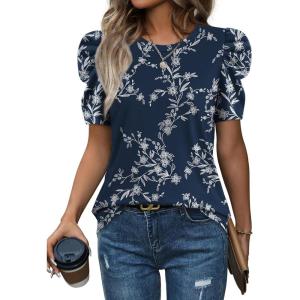 image:imageWIHOLL Summer Tops for Women Puff Sleeve Crewneck T Shirts Dressy Casual Blouses Spring Outfits Fashion ClothesFloral Navy