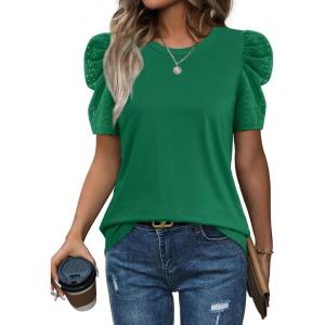 image:imageWIHOLL Summer Tops for Women Puff Sleeve Crewneck T Shirts Dressy Casual Blouses Spring Outfits Fashion ClothesGreen